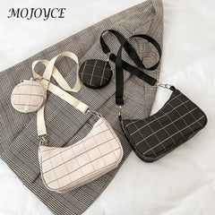 Vintage Plaid Shoulder Bags and Mini Round Purse Set