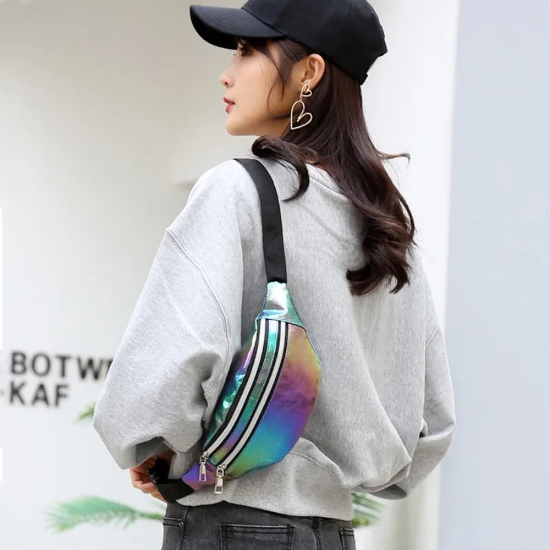 Laser PU Leather Waist Bag for Women Crossbody Outdoor Sports Belt Bag