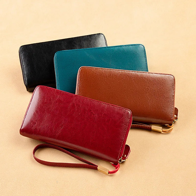 Women's Leather Wallet with Wristlet Strap and Phone Pocket