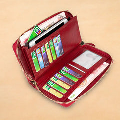 Women's Leather Wallet with Wristlet Strap and Phone Pocket