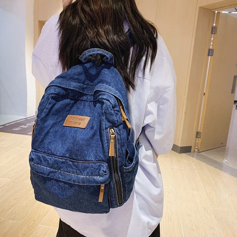 Denim Women Travel Backpack Mochila Solid Shopping School Bags Large Bookbag