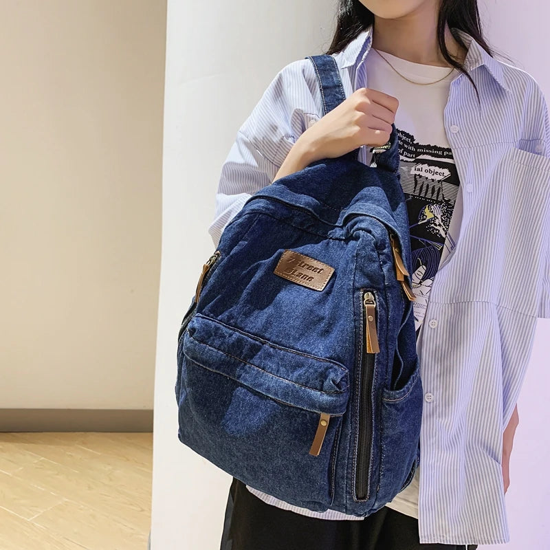 Denim Women Travel Backpack Mochila Solid Shopping School Bags Large Bookbag