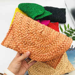 Wheat Straw Woven Clutch Bag Casual Solid Purse Ladies Summer Beach Bag