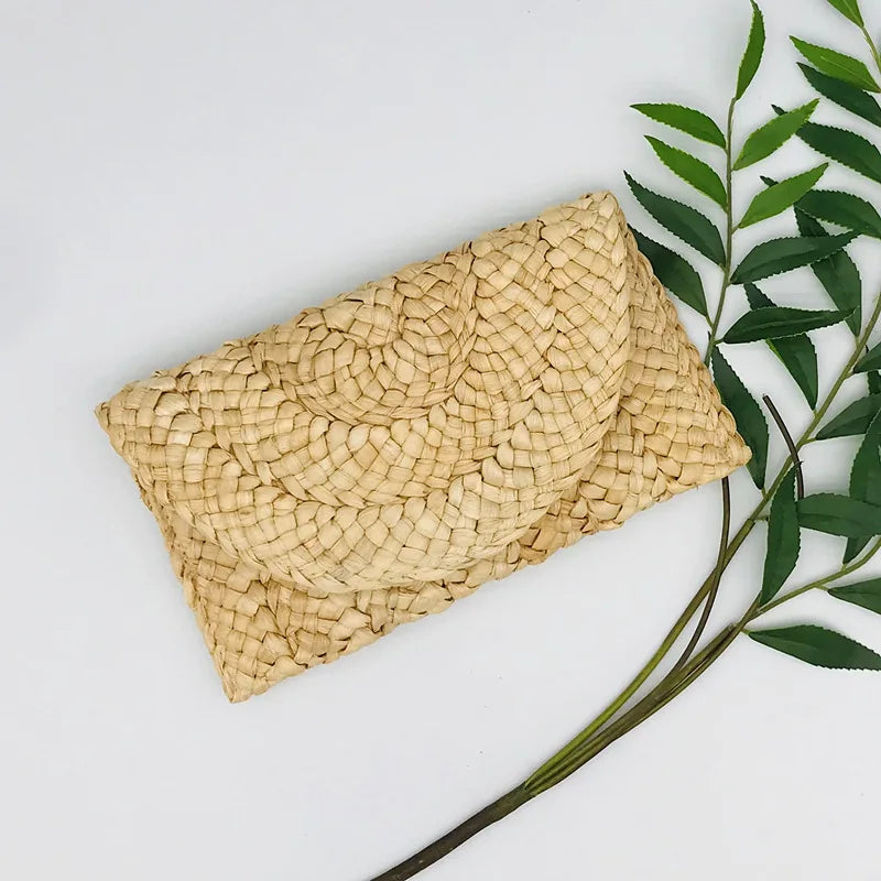 Wheat Straw Woven Clutch Bag Casual Solid Purse Ladies Summer Beach Bag