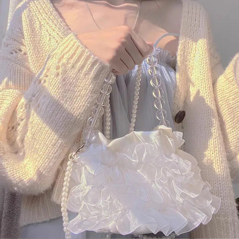 Ruffle Ruched Shoulder Bag Mini Tote Crossbody Handbag