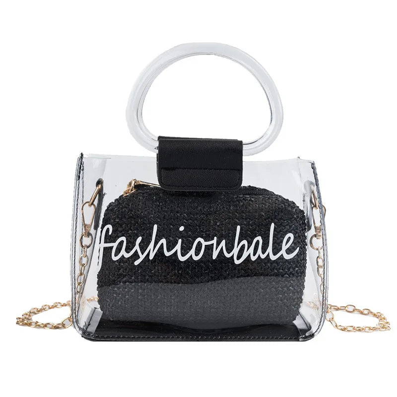 Clear PVC Handbag Messenger Bag Chain Shoulder Bag Female Straw Beach Bags