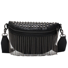 Woman Chest Bag Tassel Rivet Leather Large Capacity Shoulder Crossbody Bag