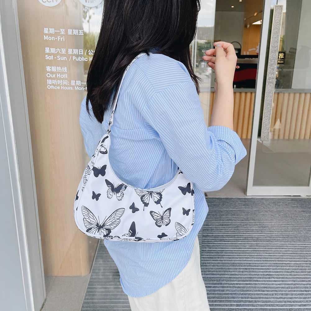 Animal Print Small Nylon Shoulder Bag Women Half Moon Underarm Handbag