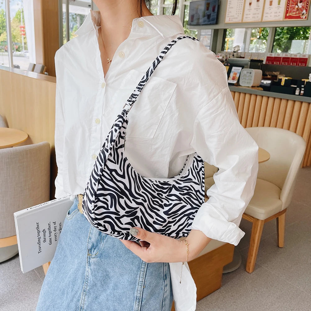 Animal Print Small Nylon Shoulder Bag Women Half Moon Underarm Handbag
