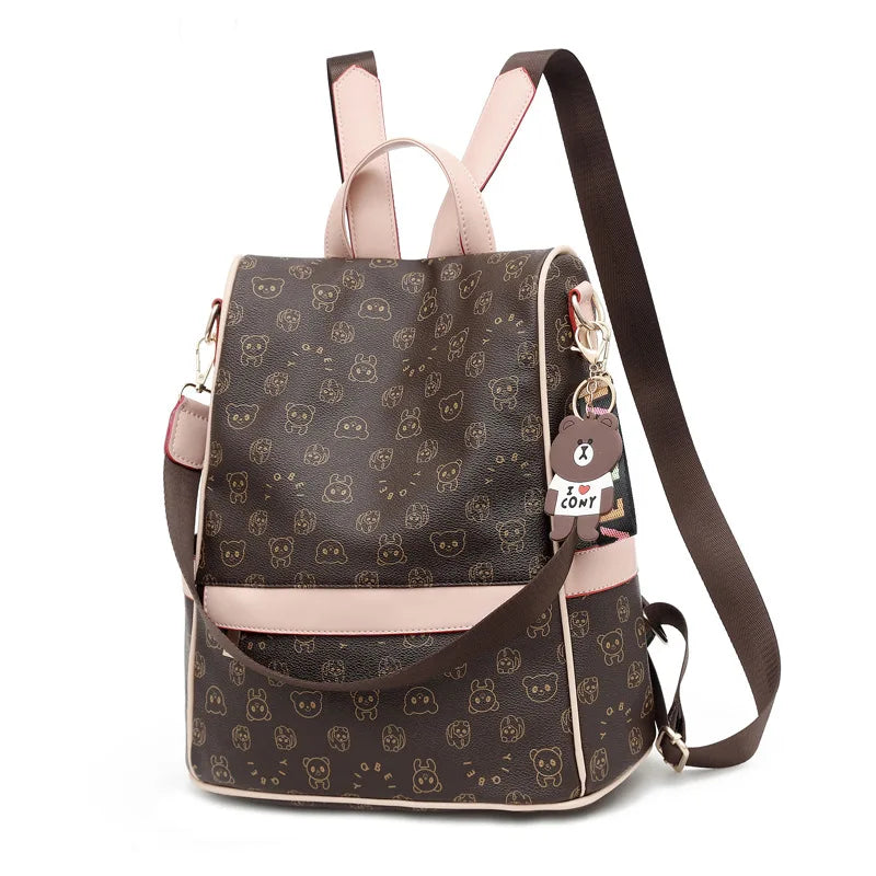 Cartoon Print Leather Backpack for Women