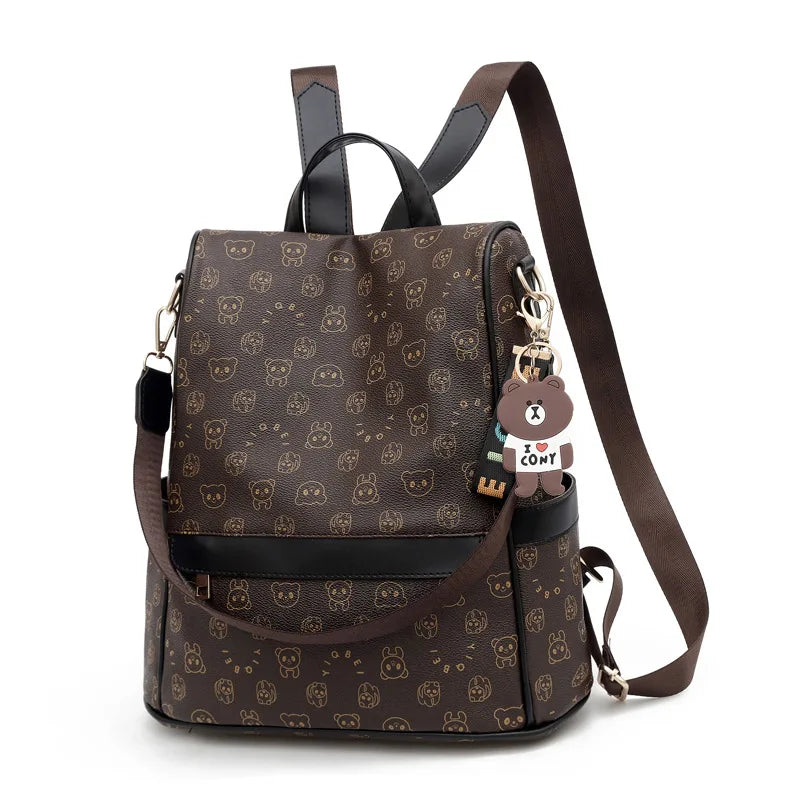 Cartoon Print Leather Backpack for Women