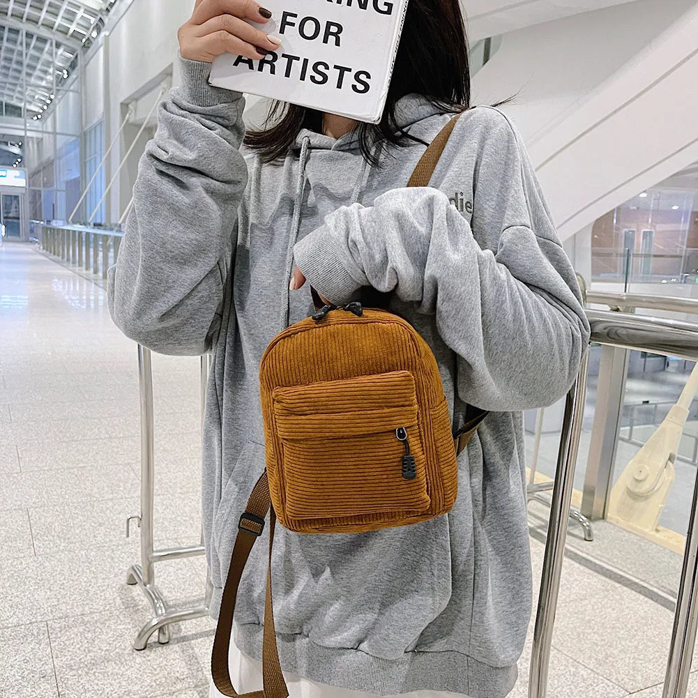 Corduroy Women Backpack Solid Travel Bag for College Student