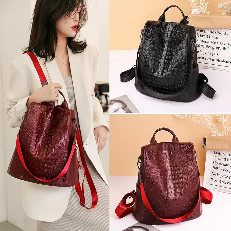 Women Backpack Large Female Back Bag Crocodile pattern Leather High Travel Bags