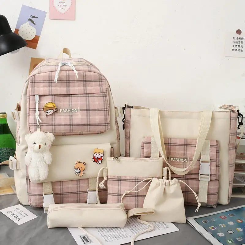 Plaid Style School Bag for Girls Backpack Set with Many Pockets