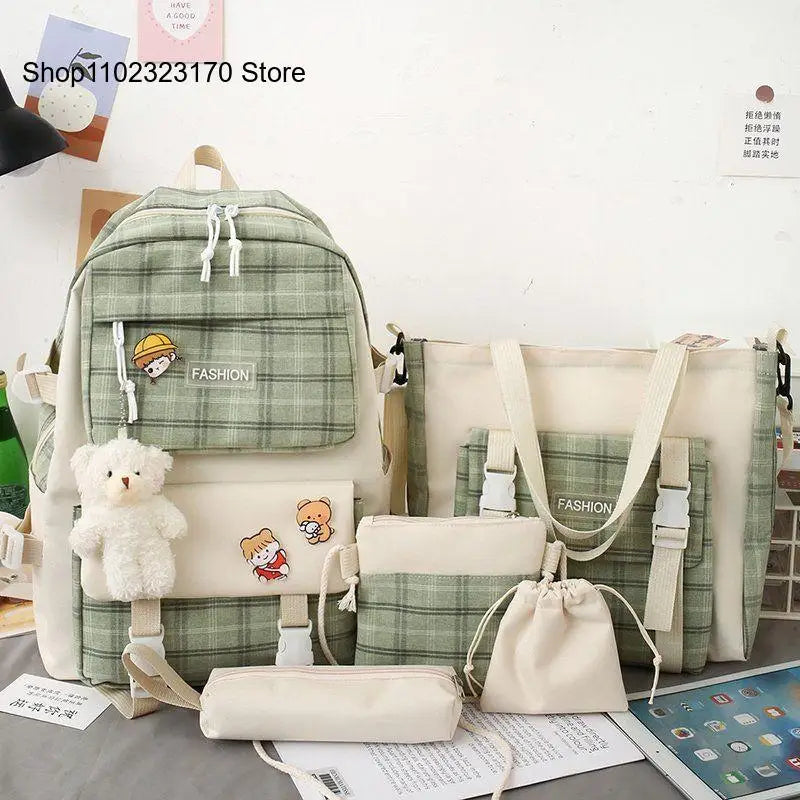Plaid Style School Bag for Girls Backpack Set with Many Pockets