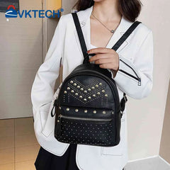 Women Backpacks Washed PU Leather Travel Rivet Backpacks Lady
