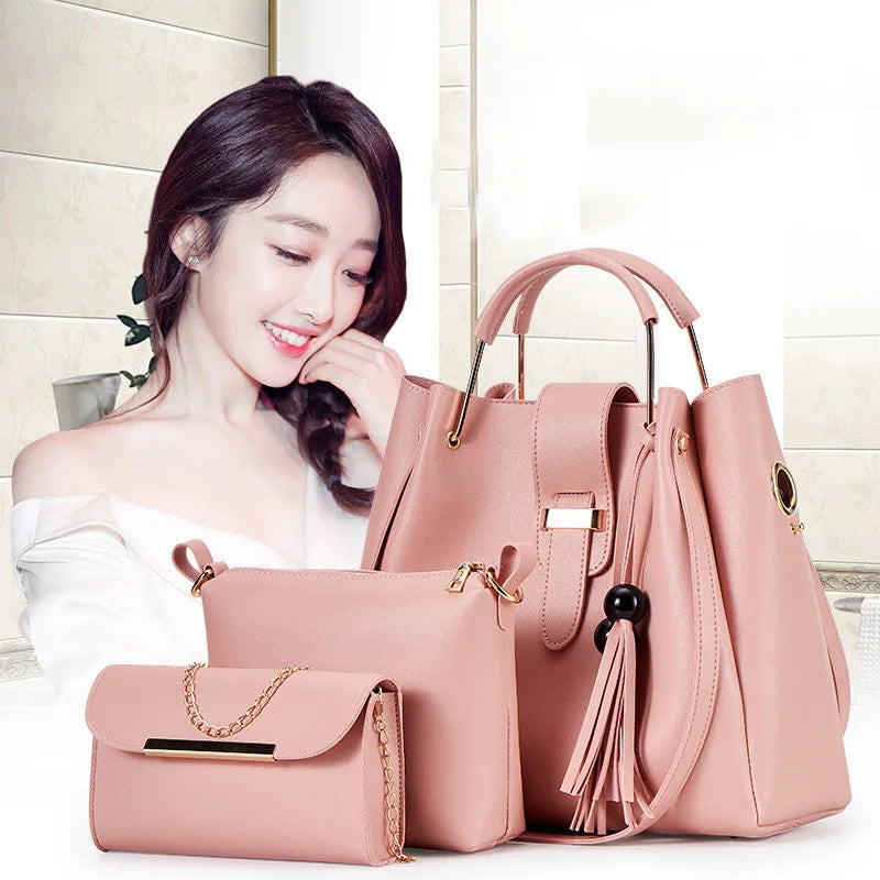 Women 3pcs Large Casual Leather Shoulder Bag Set