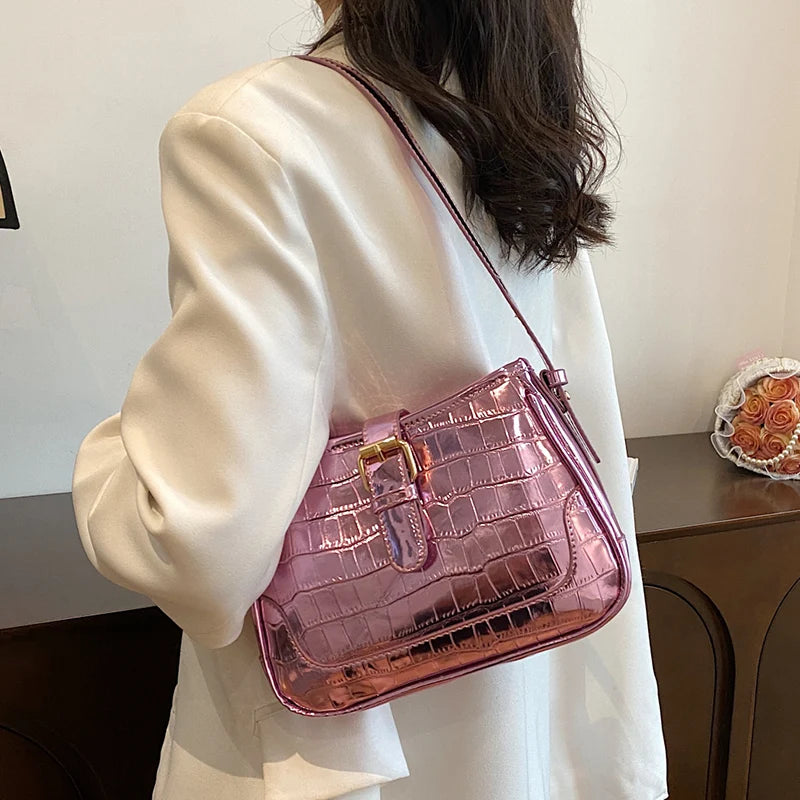 Women Bling Armpit Bags Glitter Stone Pattern Leather Handbags Crossbody Bag