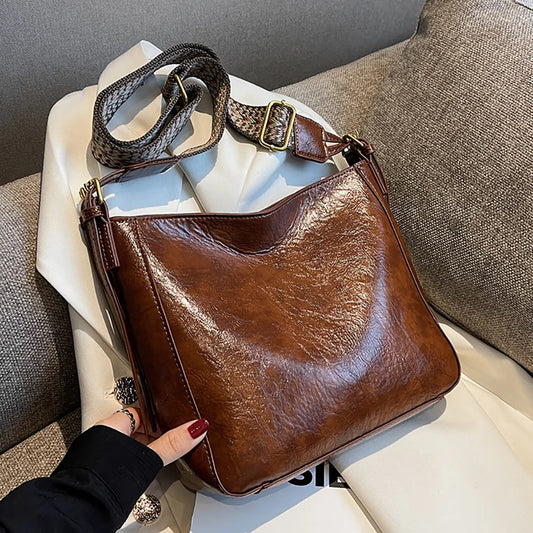 Women Bucket Shoulder Bags High Retro Oil Wax Pu Leather Crossbody Bag