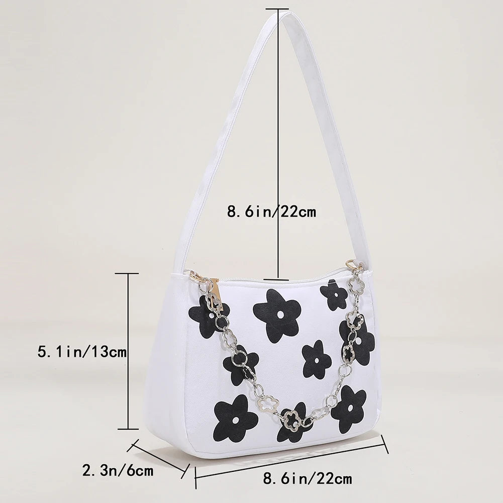 Canvas Flower Print Small Shoulder Bag Vintage Chain Mini Purse