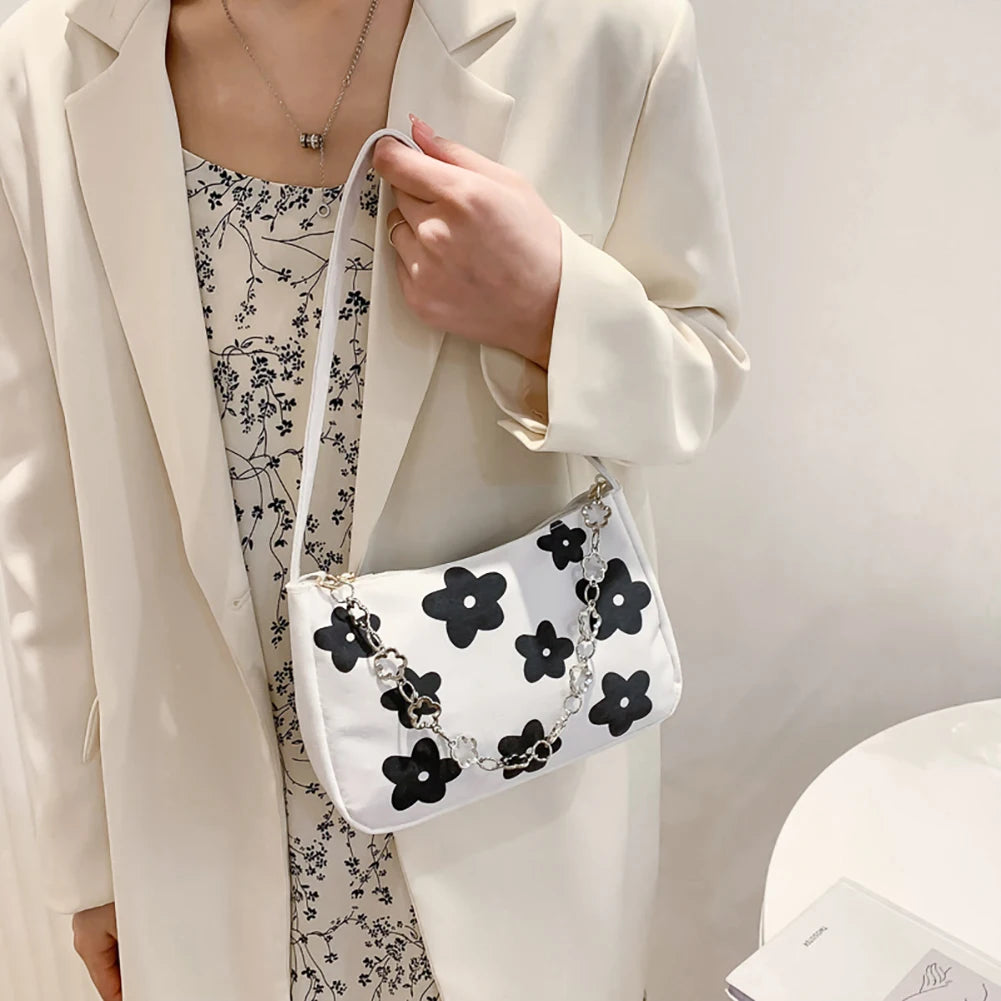 Canvas Flower Print Small Shoulder Bag Vintage Chain Mini Purse