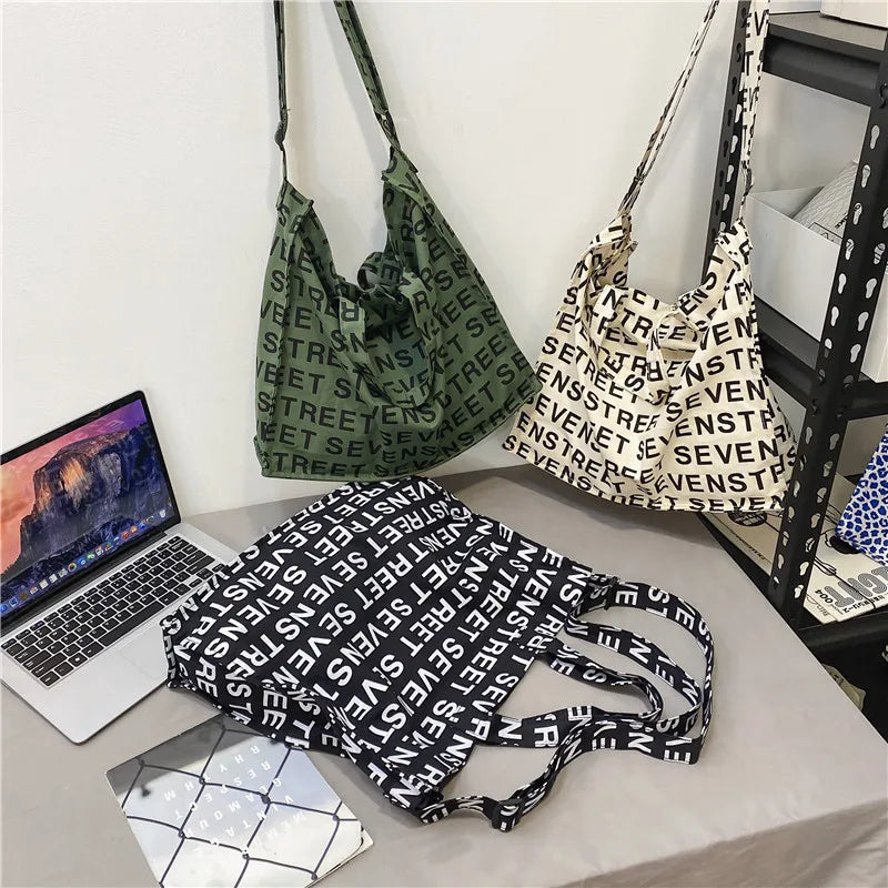 Women Canvas Letters Printing Shoulder Bag Vintage Large Tote Handbag