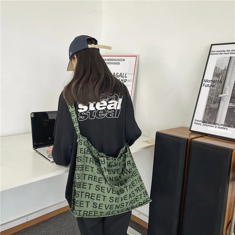 Women Canvas Letters Printing Shoulder Bag Vintage Large Tote Handbag