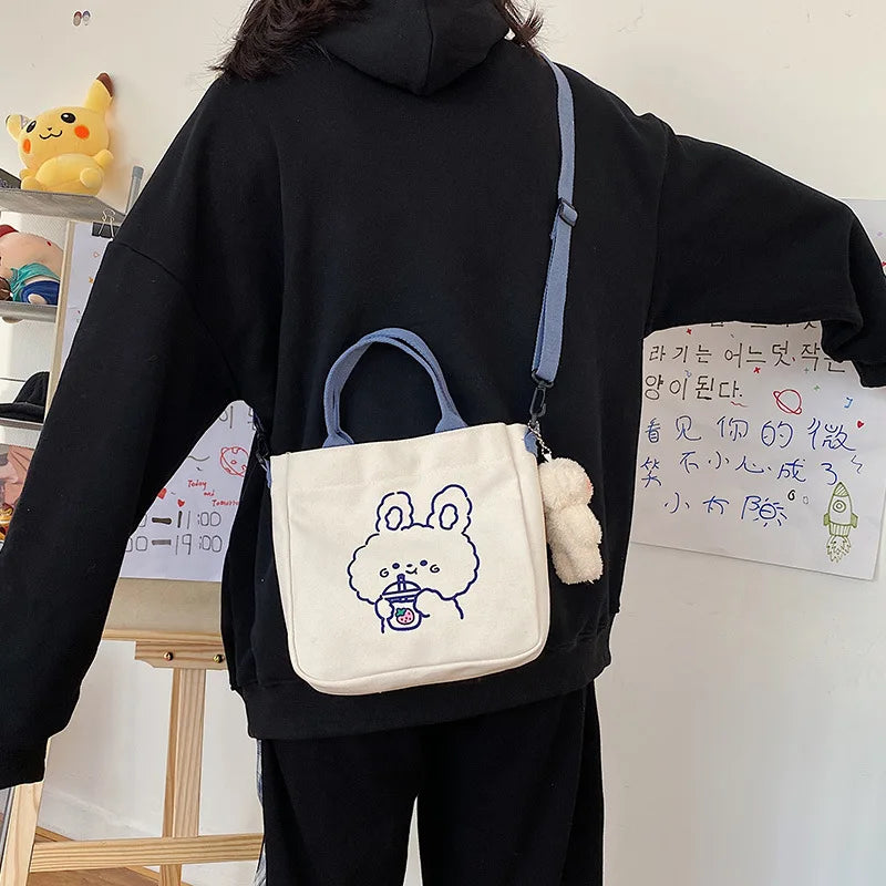 Canvas Bear Print Student Tote Zipper Bag