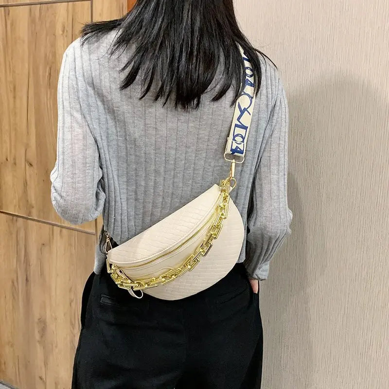 Women Chain Chest Bag Leather Stone Pattern Shoulder Bag