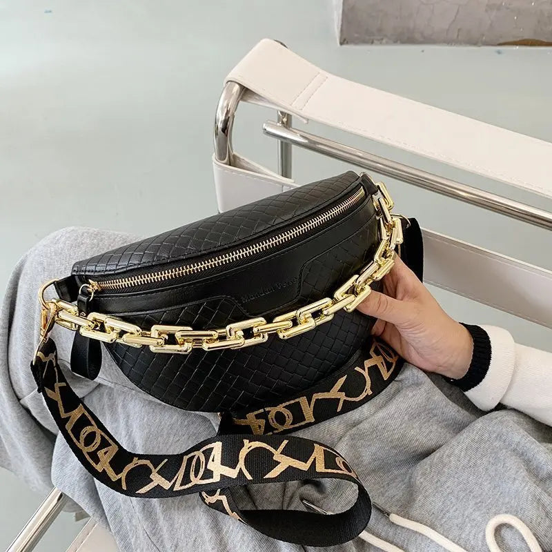 Women Chain Chest Bag Leather Stone Pattern Shoulder Bag