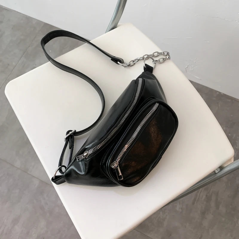 Women Chest Packs PU Leather Chain Crossbody Shoulder Bag Ins