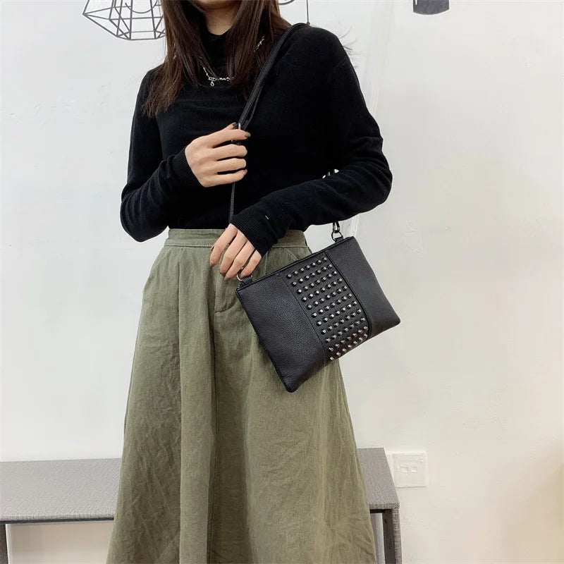 Vintage Large Size Women Clutch Bag PU Leather Rivet Crossbody Shoulder Bag