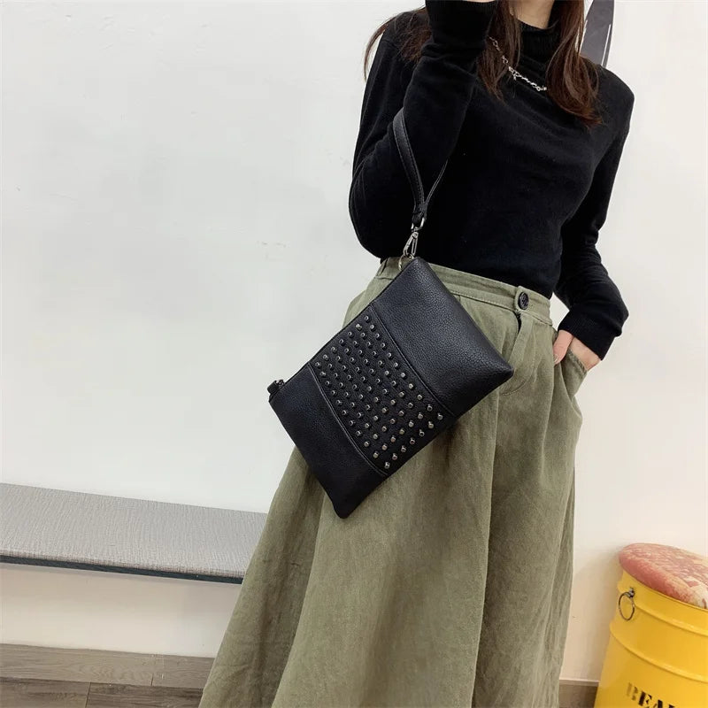 Vintage Large Size Women Clutch Bag PU Leather Rivet Crossbody Shoulder Bag