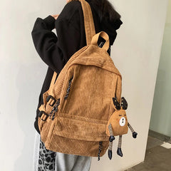 Women Corduroy Backpack Pure Stripe School Bag Teenage Girl Backpack