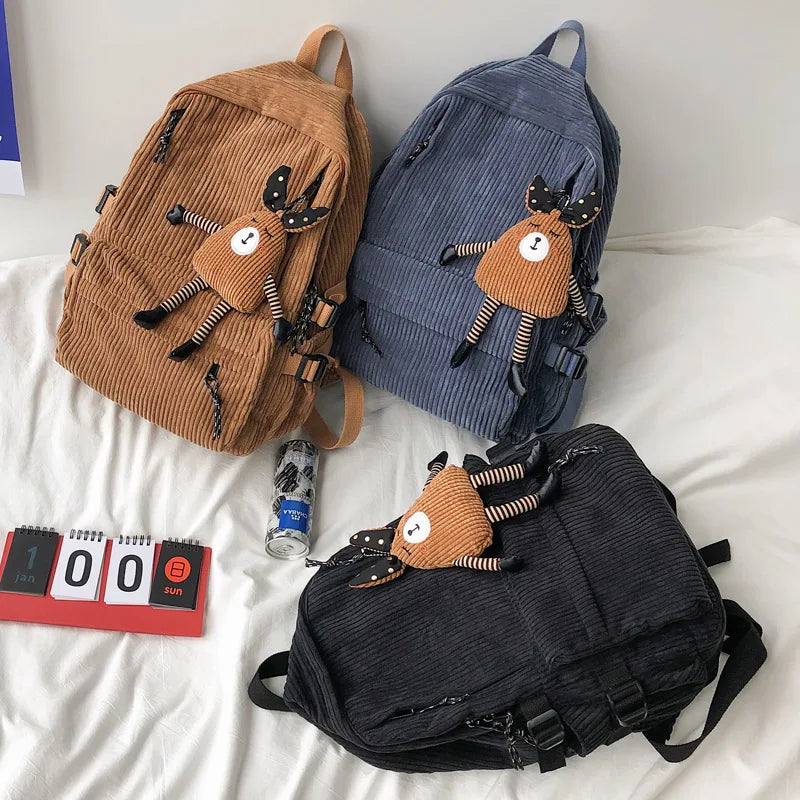 Women Corduroy Backpack Pure Stripe School Bag Teenage Girl Backpack