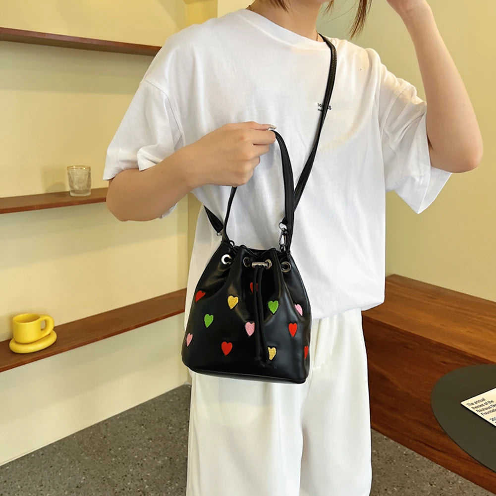 Love Heart Embroidered Crossbody Bag Leather Shoulder Purse Tote Handbag