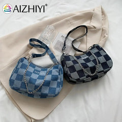 Women Denim Plaid Printing Shoulder Bag Chain Small Purse Handbags