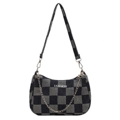 Women Denim Plaid Printing Shoulder Bag Chain Small Purse Handbags