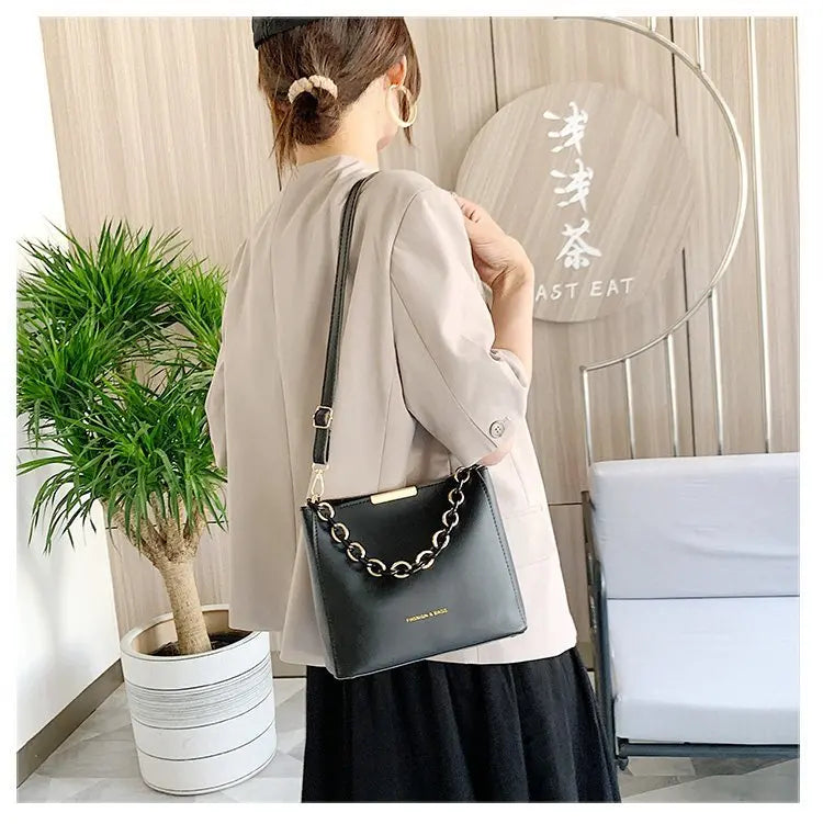 Women Shoulder Bag PU Leather Wild Solid Bucket Crossbody Pack Strap Handbag