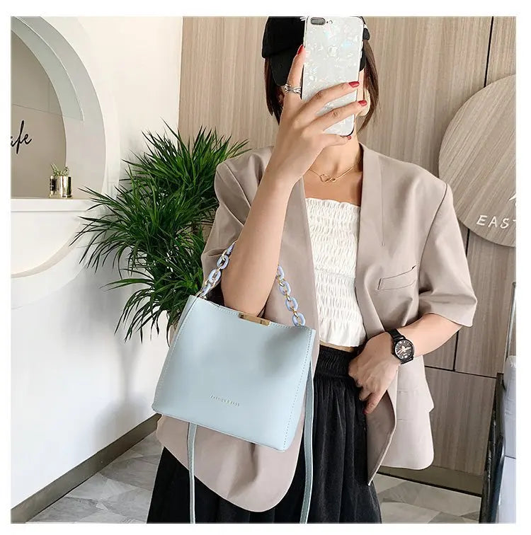 Women Shoulder Bag PU Leather Wild Solid Bucket Crossbody Pack Strap Handbag
