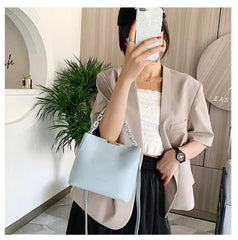 Women Shoulder Bag PU Leather Wild Solid Bucket Crossbody Pack Strap Handbag