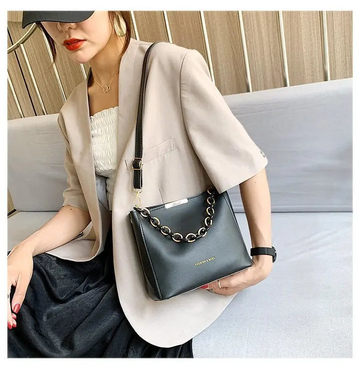 Women Shoulder Bag PU Leather Wild Solid Bucket Crossbody Pack Strap Handbag