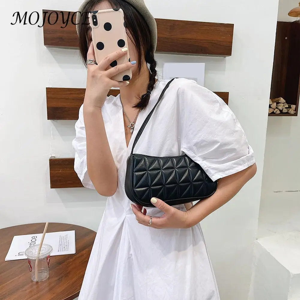 Women Geometric PU Leather Shoulder Handbag Checker Pattern Underarm Bag