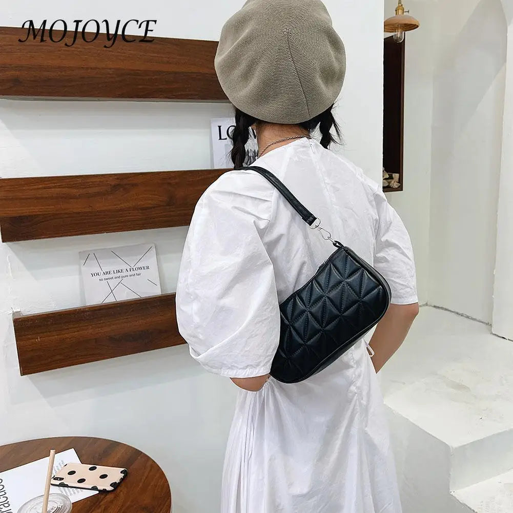 Women Geometric PU Leather Shoulder Handbag Checker Pattern Underarm Bag