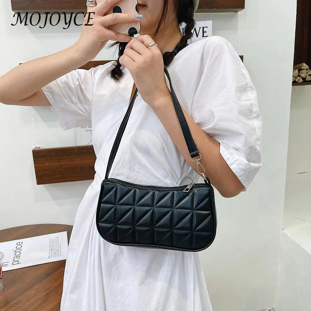 Women Geometric PU Leather Shoulder Handbag Checker Pattern Underarm Bag