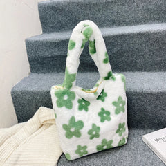 Green Flower Print Plush Shoulder Bag Winter Faux Fur Bucket Tote