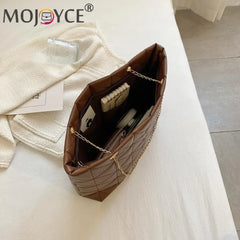 Women Grid Embroidery Thread Quilted Handbag Lady Casual Solid PU Leather Thin C