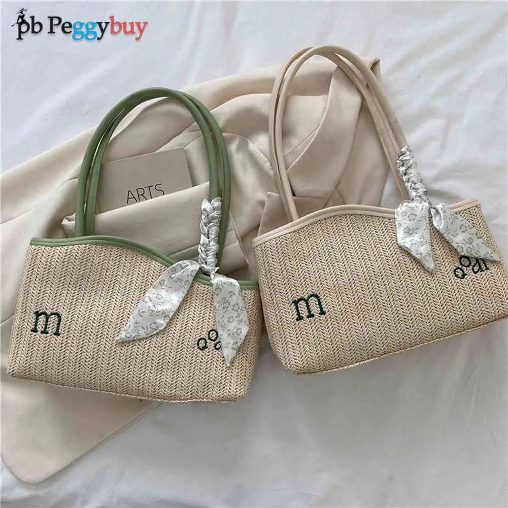 Women Straw Woven Bag Irregular Letters Weave Shoulder Bag with Scarf