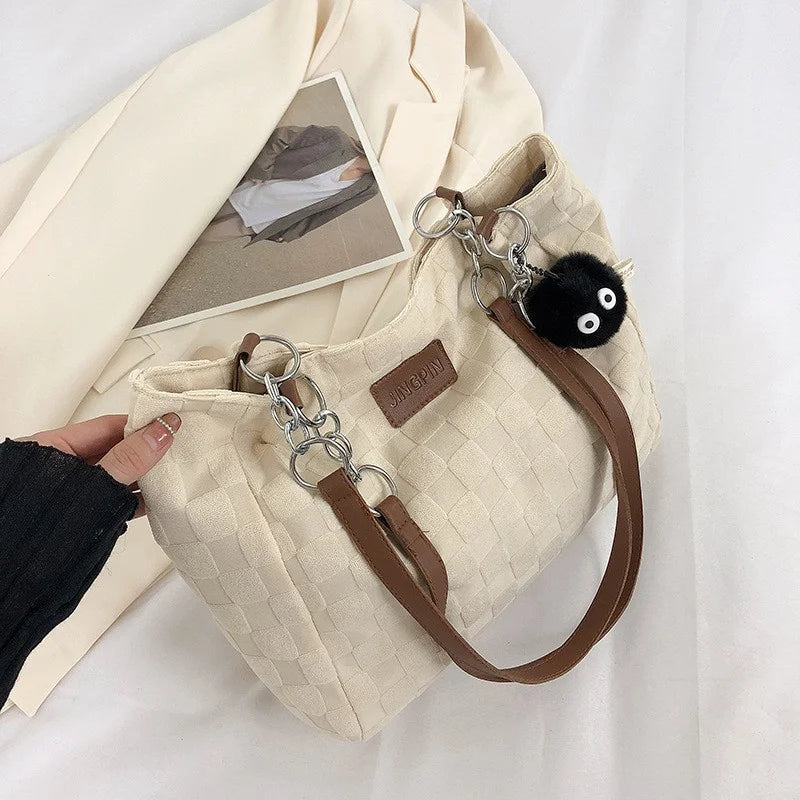 Canvas Houndstooth Shoulder Bag Chain Tote Handbags
