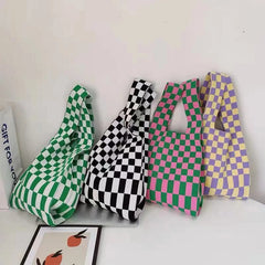 Checkered Tote Shoulder Bags Retro Weave Plaid Handbags Contrast Striped